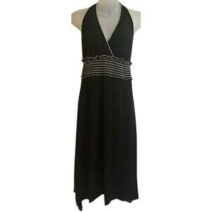 Studio M Black Halter Style Open Back White Smocked Sleeveless Dress S